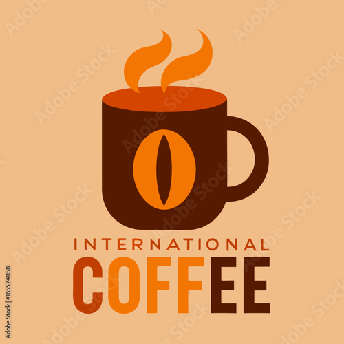 International coffee cup with coffee bean logo and steam