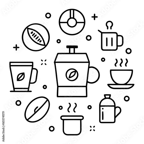 Coffee making and drinking icons arranged in a circle