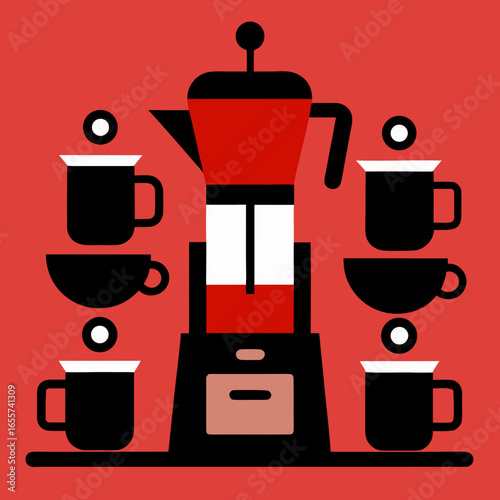 Stylized coffee maker with cups and steam on red background