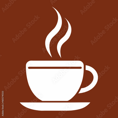 Simple white coffee cup with steam on brown background