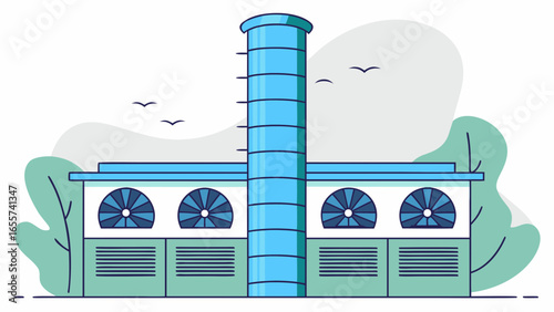 Illustration of a factory building with a tall chimney and ventilation systems on a cloudy landscape
