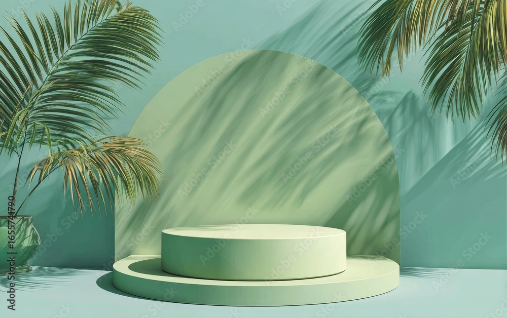 Obraz premium Pastel green podium, tropical leaves, soft shadows