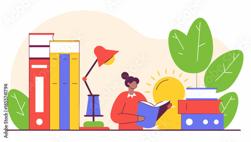 Illustration of a woman reading a book at a desk with a lamp books and plants in a cozy study room