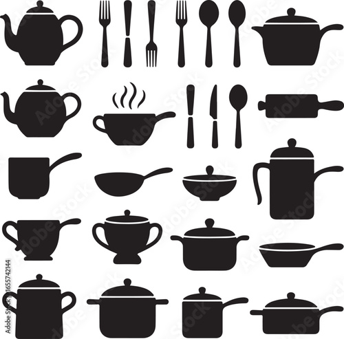Assortment of black kitchenware and cutlery silhouettes on white cooking utensil