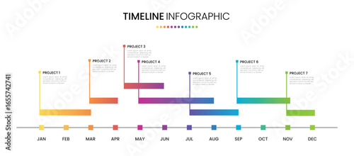 Timeline diagram project calendar infographic template 12 months or 1 year with gantt chart. Presentation monthly project plan template