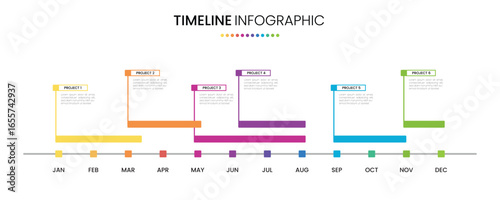 Timeline diagram project calendar infographic template 12 months or 1 year with gantt chart. Presentation monthly project plan template