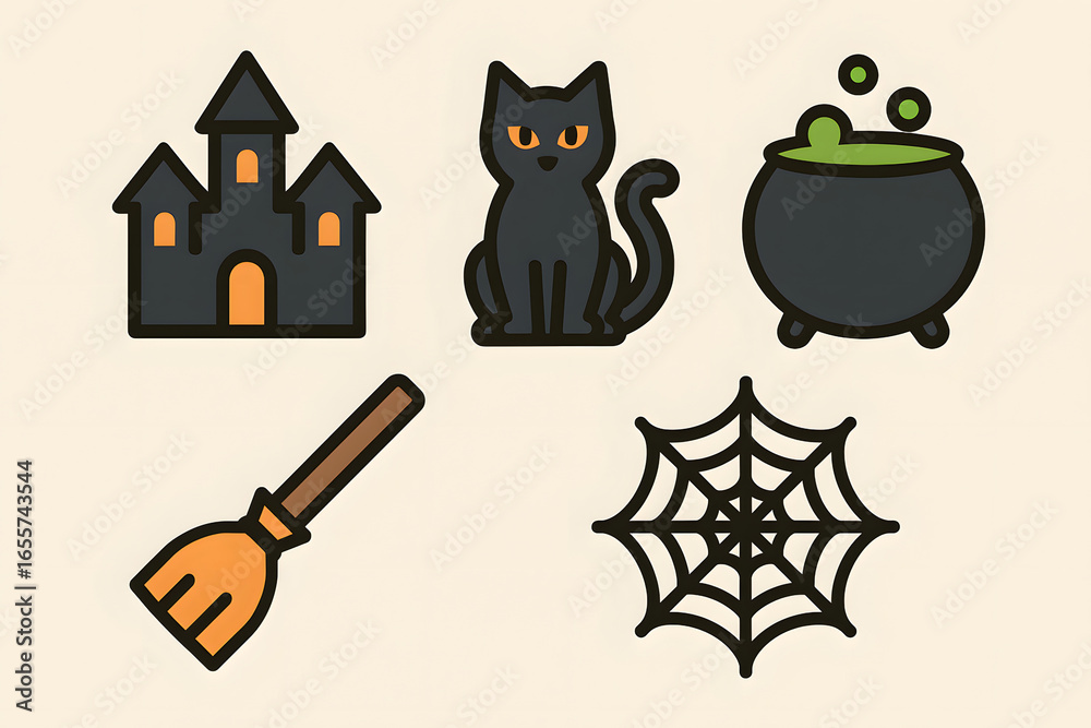 Fototapeta premium Minimal Flat Halloween Icons Set – Haunted House, Black Cat, Cauldron