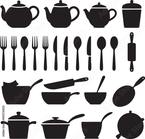 Assorted Black Silhouette Kitchen Utensils and Cookware teapot kettle