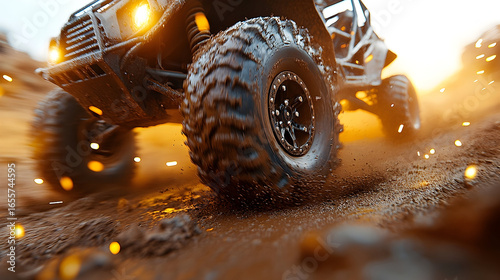 Muddy Off-Road Vehicle in Action at Sunset