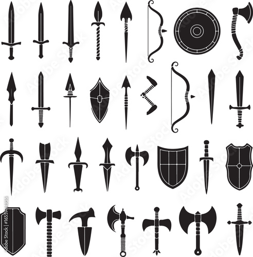 Black silhouette icons of medieval weapons including swords axes spears and shields on white vector