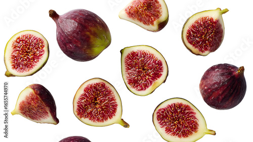 Juicy figs halved and whole flat lay food style on bright background transparent
