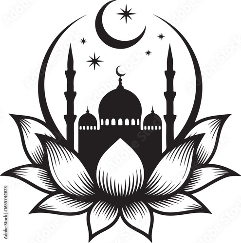 mosque, silhouette, lotus, flower, islamic, religious, crescent moon, stars, monochrome, design, architecture, illustration, islam, floral, geometric, symbol, vector, art, drawing, decoration, ornamen