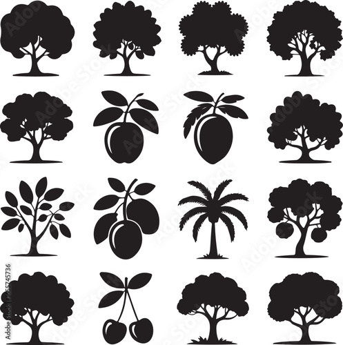 Collection of black silhouette fruit trees and cherry branches on white nature plant