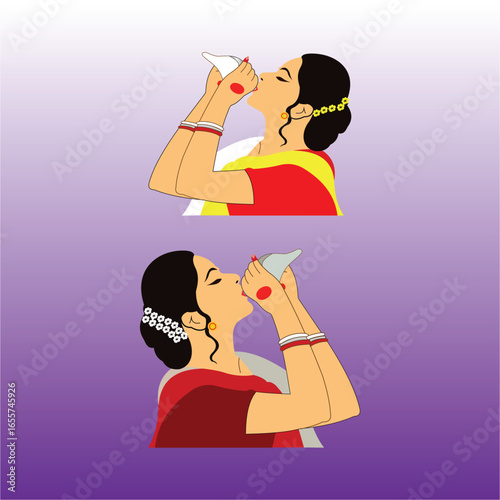 Blowing conch, an Indian woman.