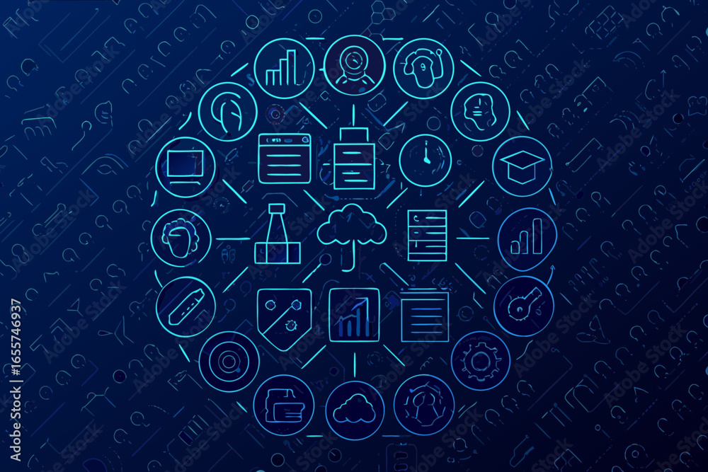 Fototapeta premium A sharp collection of line art icons focused on data, AI, and analytics. Perfect for dashboards, reports, and tech branding.