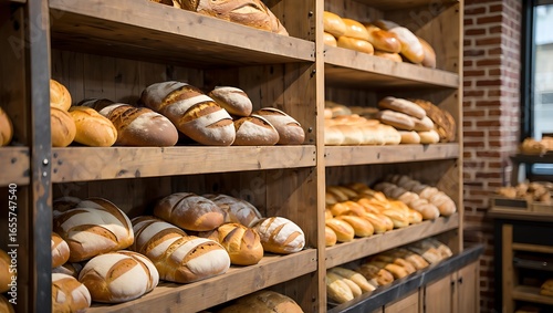 Traditional Rustic Bakery Shelves Abundantly Stocked with Assorted Freshly Baked Bread Loaves