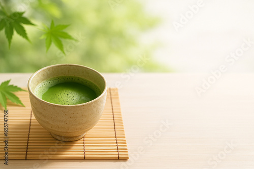 Refreshing Matcha Tea with Bamboo Whisk – Early Summer Japanese Drink Flat Lay　茶筅と抹茶 – 初夏に楽しむ日本の涼やかな抹茶フラットレイ