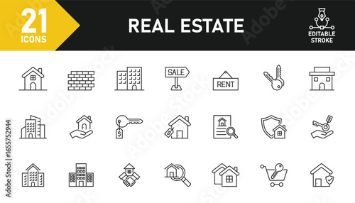 Real Estate line icon set. Set of 21 outline icons related to property, real estate, housing, home, buying, renting, agent, insurance and others. Editable stroke. Vector illustration.