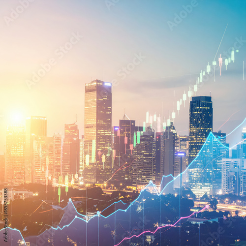 Photography of a Virtual financial stock market graph with upward trending lines and candlestick charts on the background of an urban skyline.