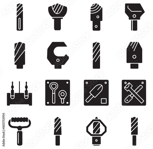 Vector illustration of various hand tools and equipment in black and white silhouettes
