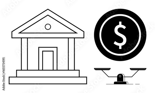Bank building, dollar coin, and balance scale highlight themes of finance, economy, equity, monetary policy, wealth management, cost-benefit analysis and ethical judgment. Ideal for simple flat