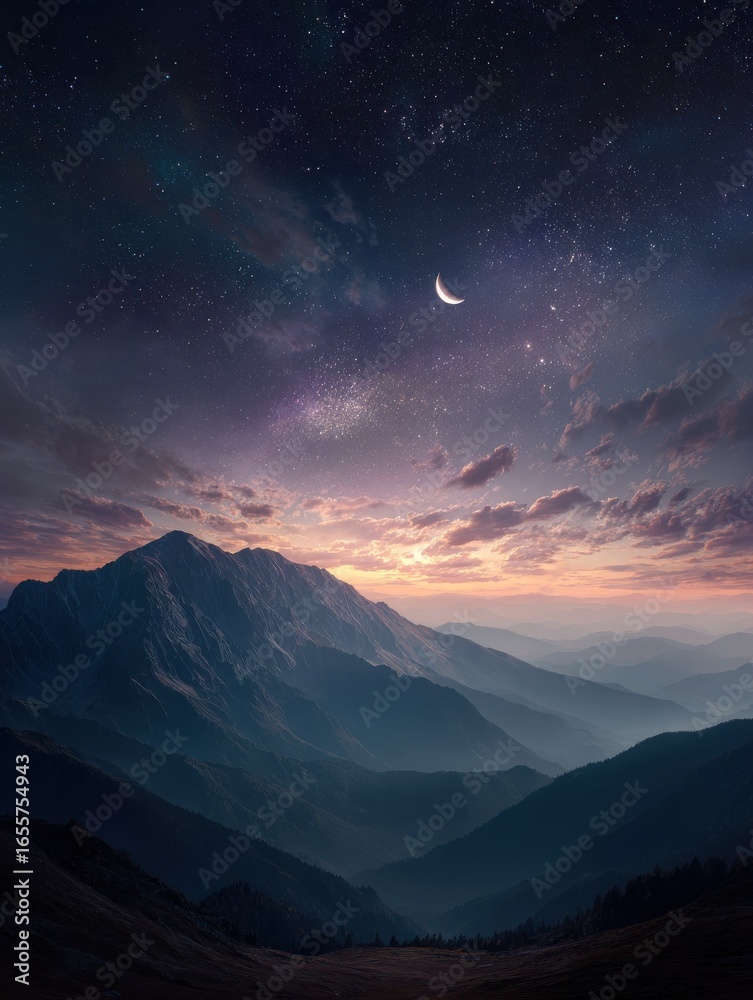 Fototapeta premium surreal mountain landscape with crescent moon and galaxy sky