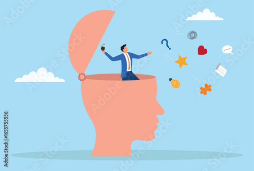 Vector illustration of a businessman standing inside an open head and trying to clear it, symbolizing clarity of thought, mental focus, stress relief, and fresh ideas
