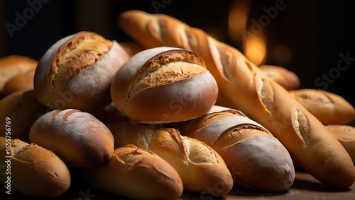 Rustic close-up of a warm pile of artisan round sourdough loaves and long french baguettes with a golden crust.