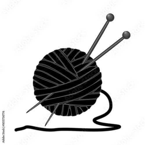 Silhouette of ball of yarn and knitting needles on white background.Skein of yarn with needles.Tools for knitwork, handicraft, crocheting, hand-knitting.Clews, skeins of wool.Hobby and handmade.Vector