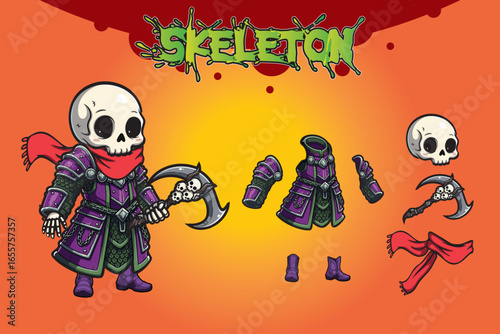 Cute skeleton warrior in purple armor with red scarf, holding a scythe decorated with skulls. Cartoon style character with separate outfit parts on bright orange background.