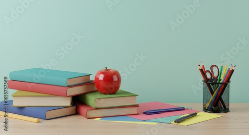 Wallpaper Mural Colorful Study Workspace with Stacked Books, Apple, and Stationery Supplies Organized on a Table Torontodigital.ca