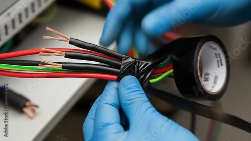 Close-up of electrical wires being secured with black tape, showcasing a workspace with tools nearby
