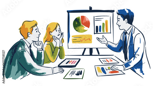 Business professionals collaborating and presenting financial data in a meeting
