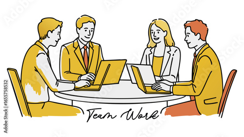 Diverse team collaborates effectively around a round table with laptops in a modern office setting