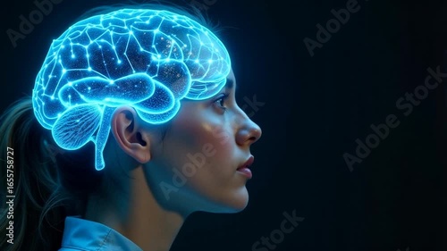 Young woman contemplating complex ideas with glowing neural network visualization of her brain