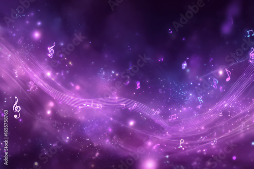 Enchanting purple aurora with flowing musical notes and shimmering bokeh lights creates a magical, ethereal atmosphere.