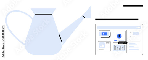 Watering can symbolizing growth and nurturing paired with a data dashboard for insights, strategic decisions, and progress. Ideal for business, growth, development, analytics, data management