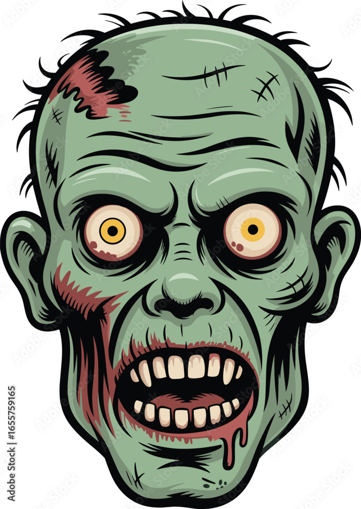 Fototapeta premium Cartoon zombie head illustration, green skin, black hair, large ears, vector art, Halloween theme, spooky character, undead creature, horror design