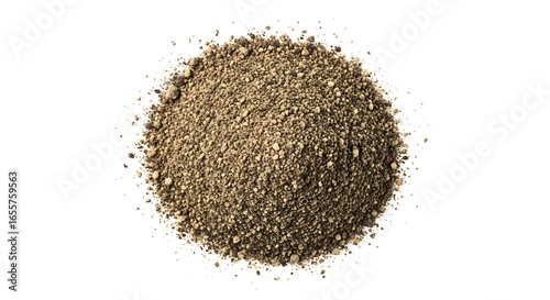 A pile of finely ground black pepper spice on a white background