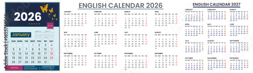 2026, 2027 year vector English calendar design in weekly and monthly layout. Latest English calendar week starts from Sunday. Modern English calendar design layout year of 26, 27
