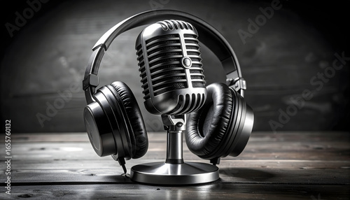 Professional studio setup featuring a vintage silver microphone and modern black headphones on a wooden desk for broadcasting or podcasting