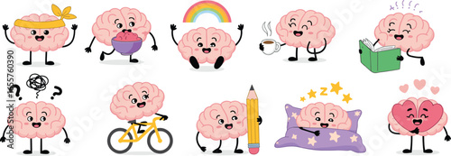 Cute cartoon brain characters set, kawaii smart mascot, mental health clipart, education, mindfulness, study, sleep, exercise, emotions