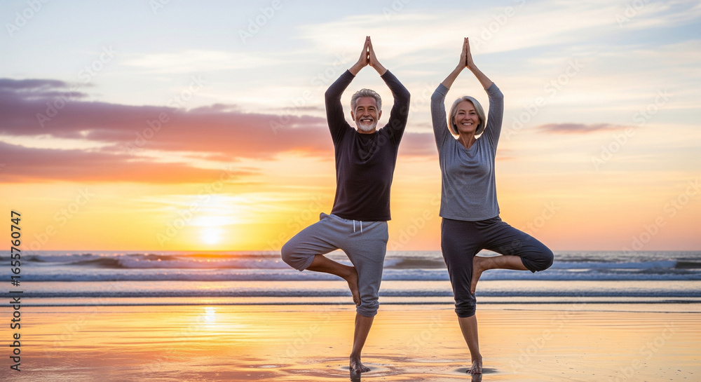 Fototapeta premium Elderly woman and elderly man happily practicing yoga together on the beach at sunset
