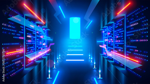 Abstract door in tunnel with digital data center light signals. Future computer technology concept of cyber gate in cyberspace or metaverse. Fantasy cyber door or portal in data center. Tech banner.