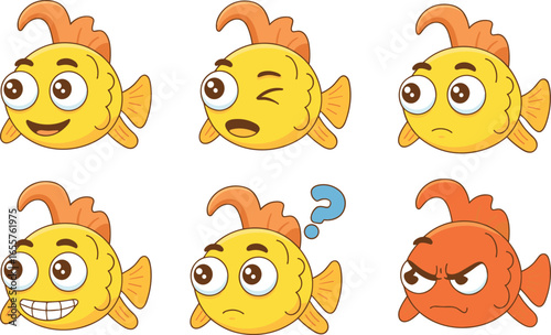 Cute cartoon fish emoji expressions set with funny faces, smiling, angry, confused, winking, happy, sad, and shocked fish