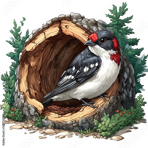 Detailed illustration of a bird nestled in a tree stump.
