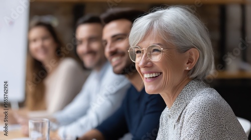 happy mature old female mentor coach supervisor training young interns at group office meeting professional workshop smiling middle aged teacher professor laughing with students at university class n