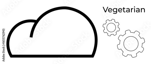 Minimalist outline of a cloud alongside two gears and the word Vegetarian in text. Ideal for sustainability, cloud computing, innovation, vegetarianism, technology, eco-friendliness, simple landing