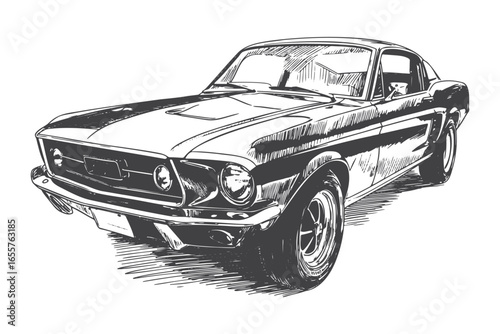 Sketch of a Classic American Muscle Car with Racing Stripes