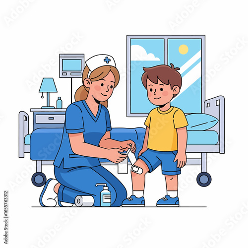 Nurse Cares for Boy's Injury: Pediatric Healthcare Illustration